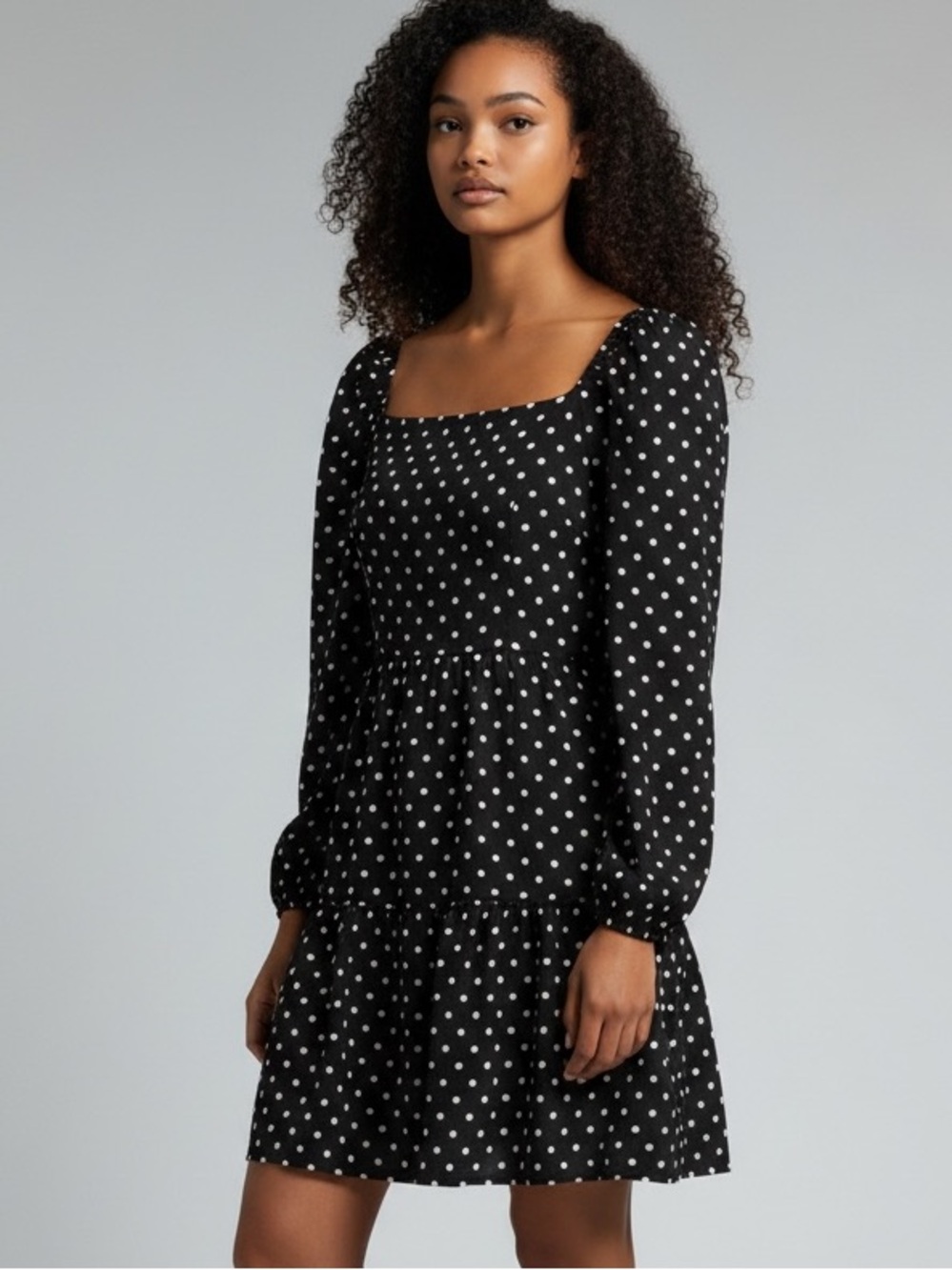 Polka Dot Babydoll Dress Black White Puffed Sleeves Smocked Back New with Tags M